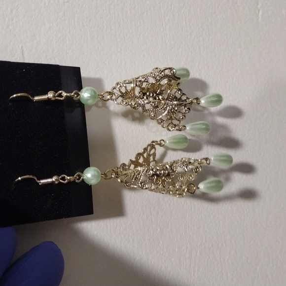 Women's Gold-tone Filigree Design 3.5" Long Beaded Drop Dangle Earrings, #4 - Picture 4 of 5
